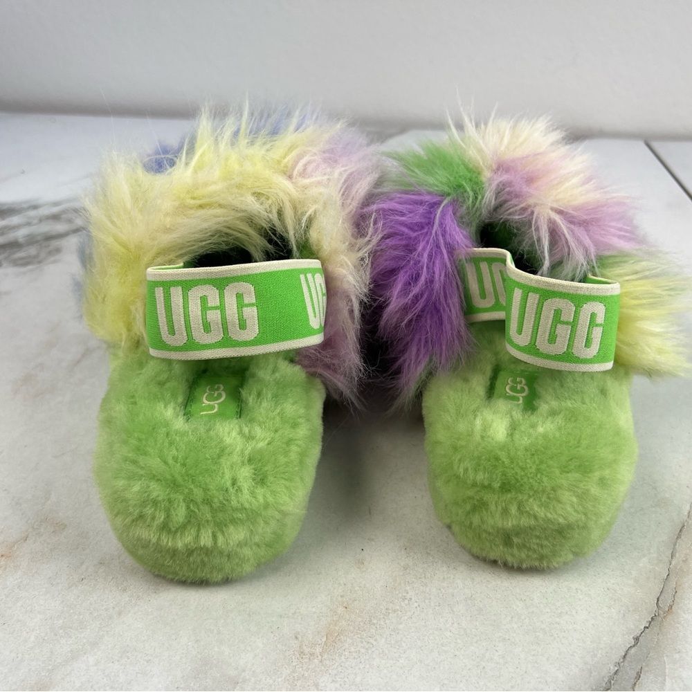 UGG Fluff Yeah Green Tie Dye Faux Fur Sheepskin Slingback Slides Slippers, Sz 6 - Picture 8 of 16